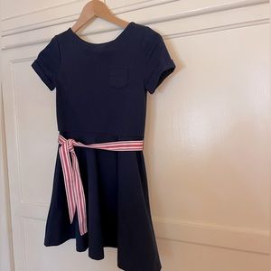 Beautiful Dark Blue Ralph Lauren girls dress size M , 8-12 with ribbon belt .
